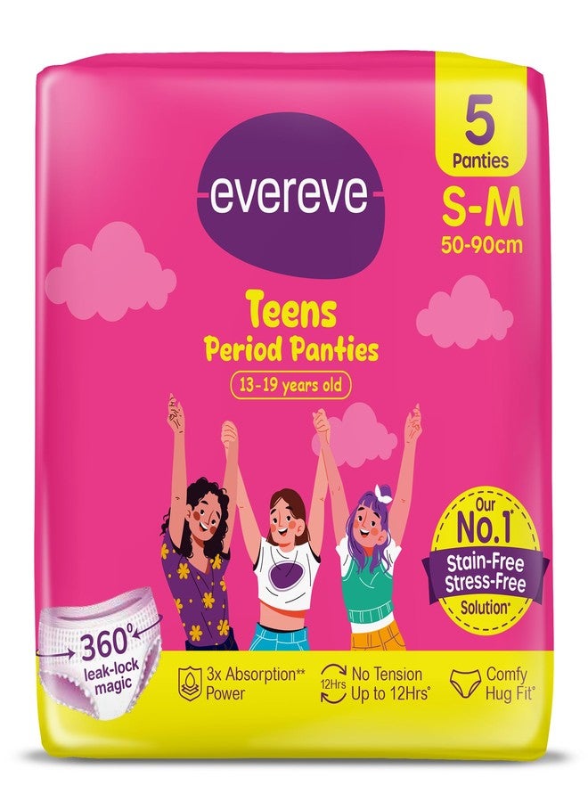 Evereve Teens Period Panty For Girls, S-M 5Pcs (for 13 to 19 years old), 360 Degree Anti-Leak Coverage, Up to 12hours Protection, Heavy Flow Absorbency, Ideal for School & Overnight Use, Comfy Hug Fit - Image 1